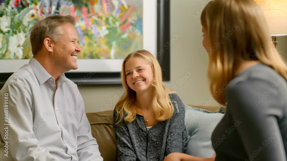 Three individuals engaged in a conversation while seated on a sofa, Discussing treatment options with a patient and their family Three individuals engaged in a conversation while seated on a sofa, Discussing treatment options with a patient and their family
