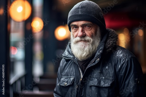 Portrait of an old man with a gray beard and mustache in a black jacket on a city street.