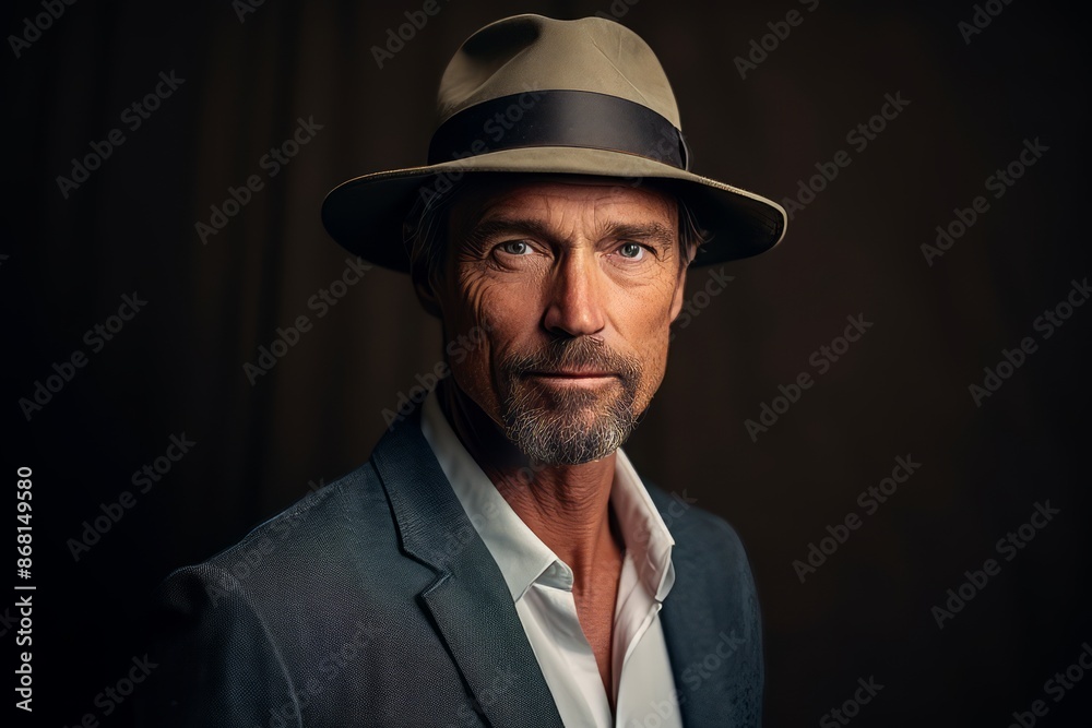 Portrait of a handsome mature man wearing a fedora hat. Portrait of a handsome mature man wearing a fedora hat.
