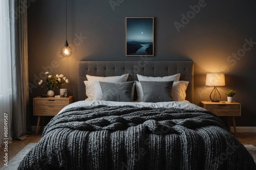 Interior of bedroom with knitted plaid on bed and glowing lamps at night photo