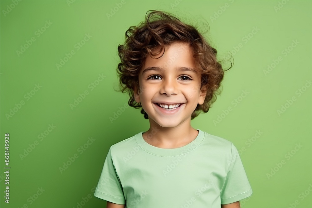 Portrait of a cute little boy smiling at camera against green background