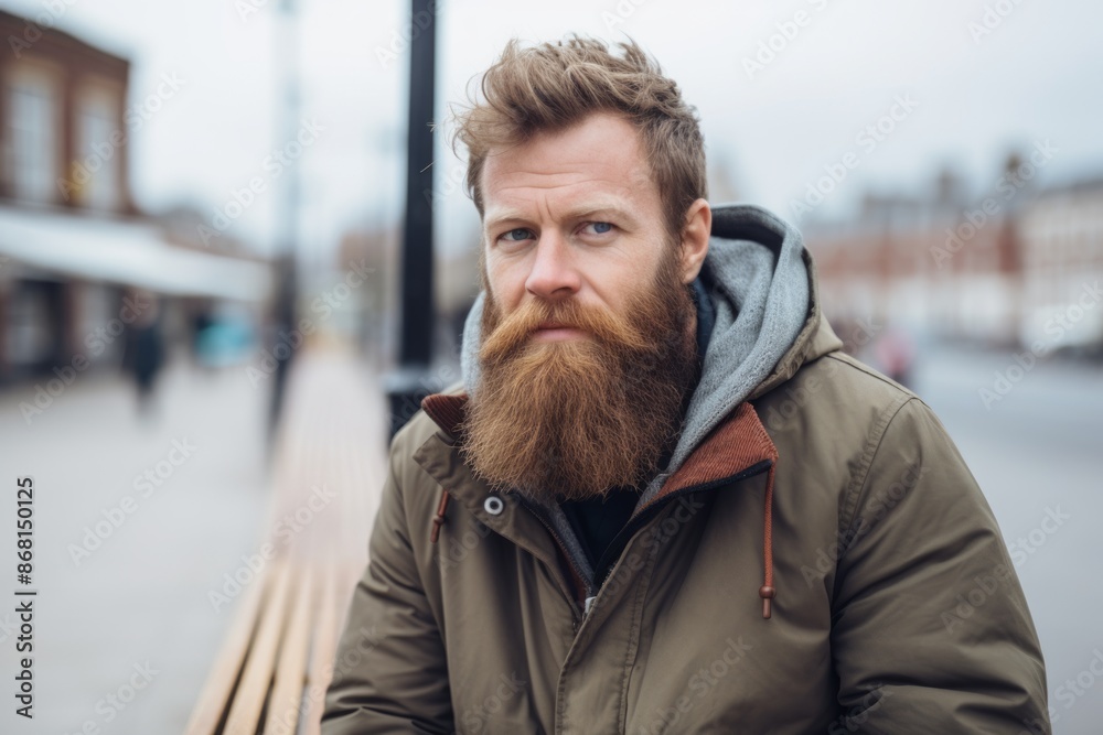 Portrait of a handsome young man with long red beard and mustache in the city Portrait of a handsome young man with long red beard and mustache in the city