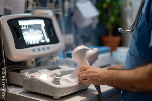 Close up to medical ultrasound diagnostic machine Doctor at medical examination room, obgyn