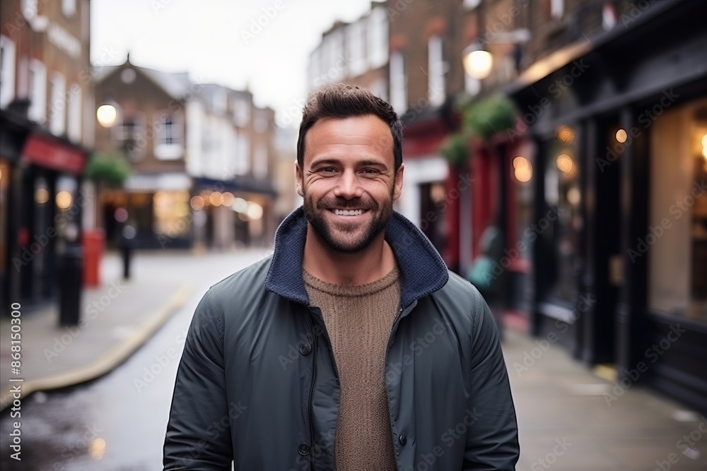 Portrait of a handsome young man smiling at the camera in a city street. Portrait of a handsome young man smiling at the camera in a city street.
