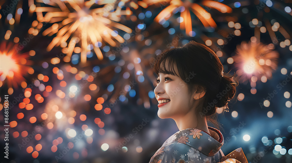 Naklejka premium 夏の花火の夜空を眺める浴衣を着た日本人女性