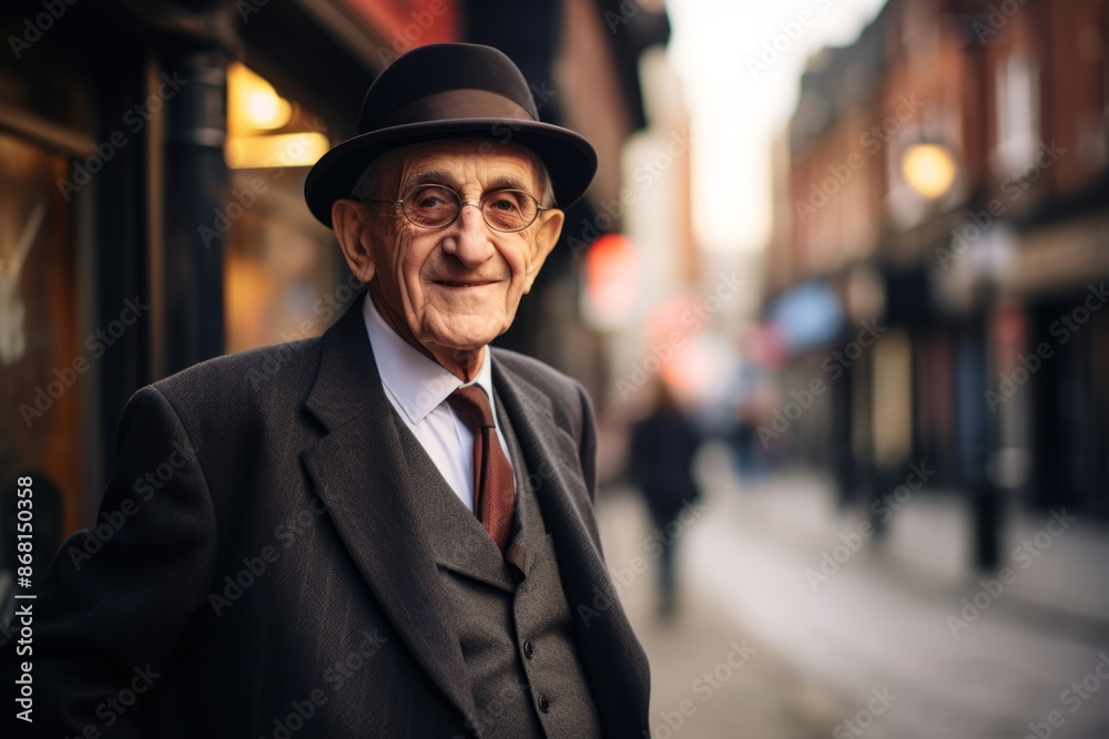 Portrait of an elderly man in a hat and coat on a city street Portrait of an elderly man in a hat and coat on a city street