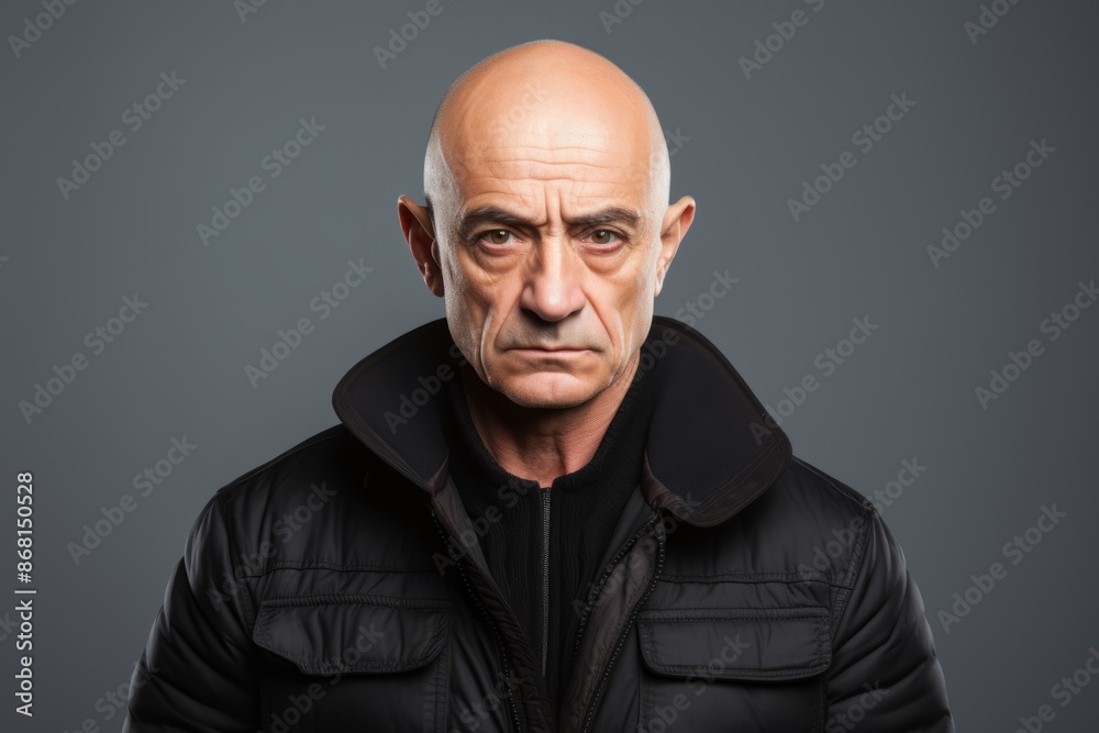 Senior man with a serious expression on his face wearing a black jacket Senior man with a serious expression on his face wearing a black jacket