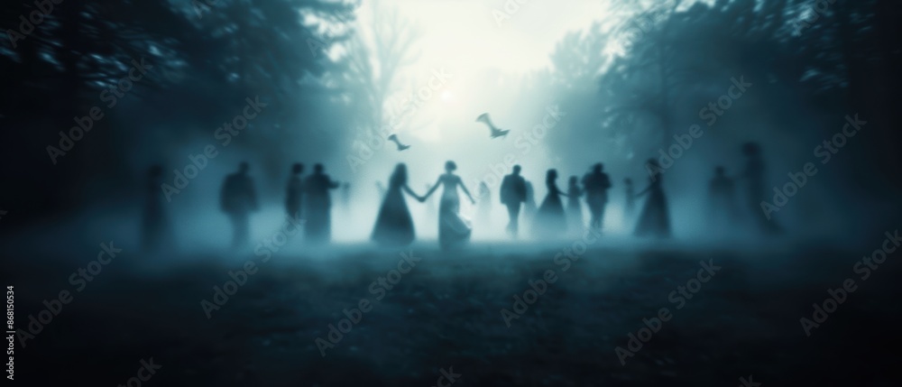 Eerie misty forest with shadowy figures holding hands in a spooky, surreal atmosphere, perfect for Halloween or horror-themed projects. Eerie misty forest with shadowy figures holding hands in a spooky, surreal atmosphere, perfect for Halloween or horror-themed projects.