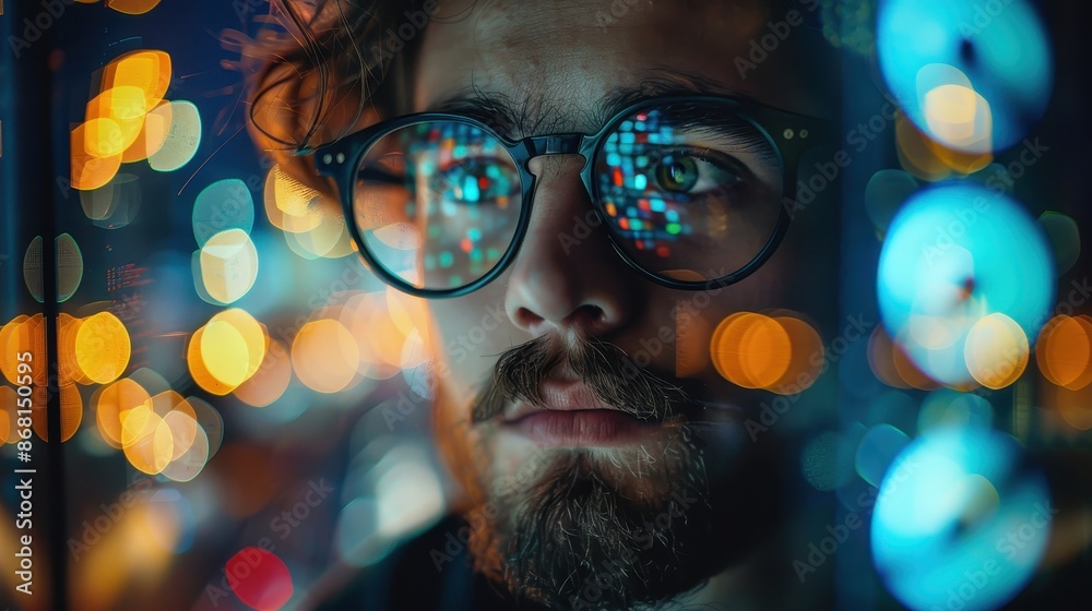 A man with glasses looking at a computer screen A man with glasses looking at a computer screen