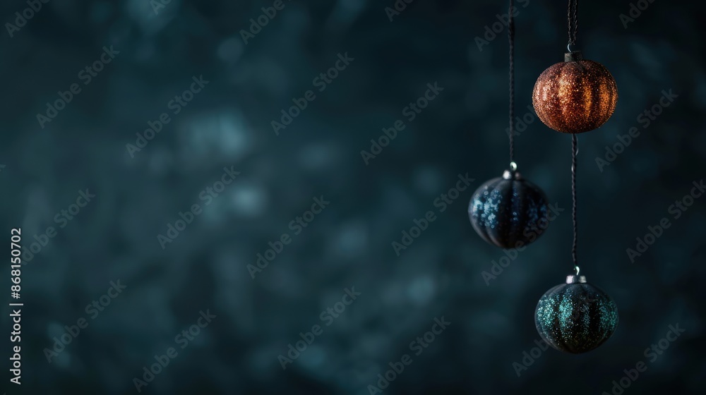 Festive holiday ornaments hanging against a dark, blurred background, creating a serene and elegant Christmas atmosphere. Festive holiday ornaments hanging against a dark, blurred background, creating a serene and elegant Christmas atmosphere.