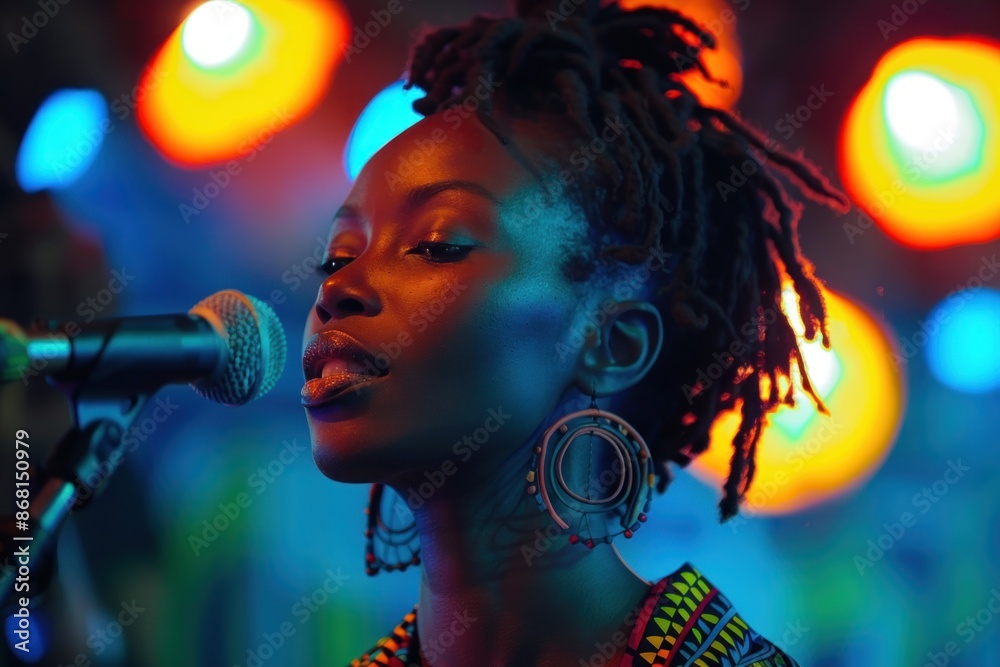 A captivating close-up of a singer in mid-song, surrounded by vibrant, colorful stage lights The singer's passionate expression and focused pose convey their dedication to their craft The interplay A captivating close-up of a singer in mid-song, surrounded by vibrant, colorful stage lights The singer's passionate expression and focused pose convey their dedication to their craft The interplay