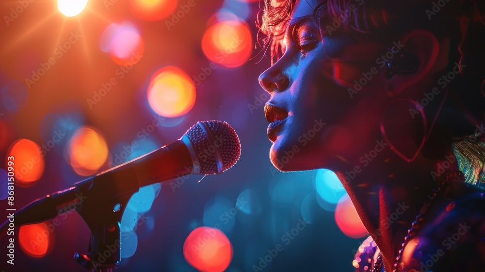 A vivid close-up of a vocalist performing on stage, illuminated by an array of colorful lights The singer's expressive face and dynamic microphone pose highlight their emotional connection to the A vivid close-up of a vocalist performing on stage, illuminated by an array of colorful lights The singer's expressive face and dynamic microphone pose highlight their emotional connection to the