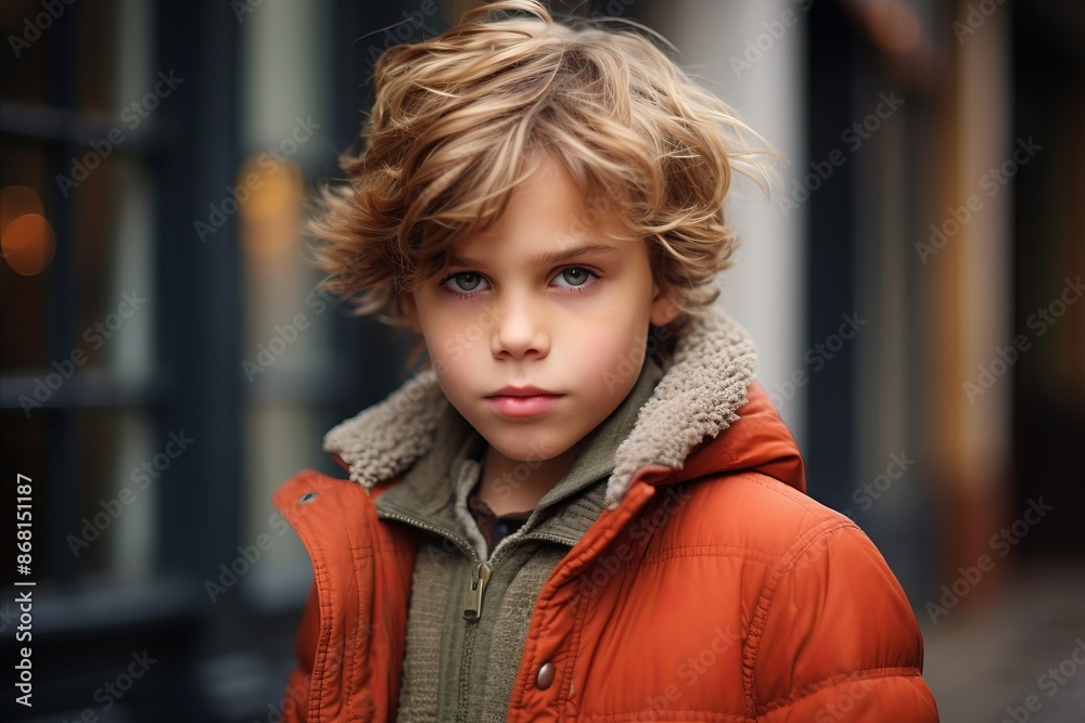 portrait of a cute little boy in an orange jacket on the street portrait of a cute little boy in an orange jacket on the street