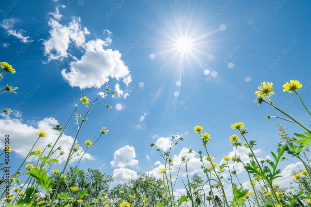 Low-Angle View of Yellow Flowers in Bloom under a Sunny Sky Low-Angle View of Yellow Flowers in Bloom under a Sunny Sky