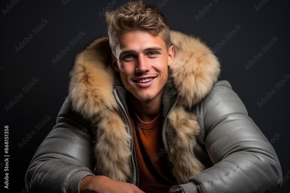 Portrait of a handsome young man in a fur coat. Studio shot. Portrait of a handsome young man in a fur coat. Studio shot.