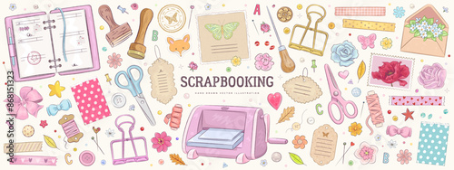 Collection of handmade art supplies for scrapbooking isolated on background. Set of scrapbook or planner decoration elements. Stickers, stamp, tape. Vector illustration