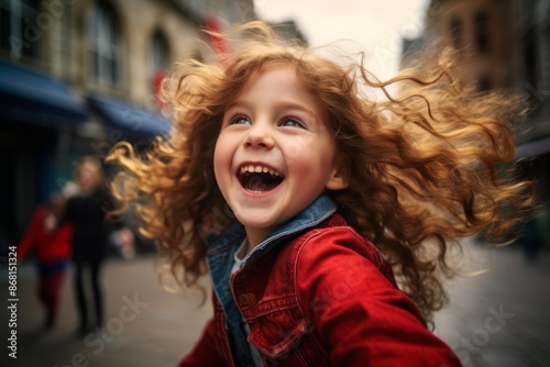 Portrait of a happy little girl in a red jacket on the street © Stocknterias