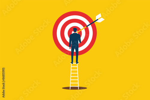 Aiming for success with businessman climbing ladder to bullseye, representing high targets, strategic planning, and business opportunities