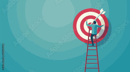 Aiming for success with businessman climbing ladder to bullseye, representing high targets, strategic planning, and business opportunities