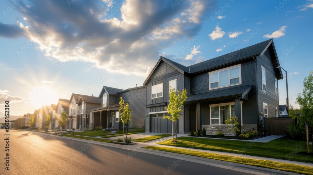 Modern suburban neighborhood with neat houses, tree-lined streets, and a beautiful sunset, creating a serene and inviting atmosphere. Modern suburban neighborhood with neat houses, tree-lined streets, and a beautiful sunset, creating a serene and inviting atmosphere.