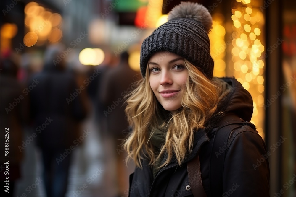 Portrait of a beautiful young woman in winter clothes walking in the city Portrait of a beautiful young woman in winter clothes walking in the city