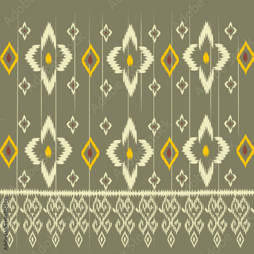 yellow green background Thai ikat feather motif. Motif ethnic ikat seamless pattern oriental all over ogee design. Simple geometric chain print for decoupage paper, apparel textile, fashion garment