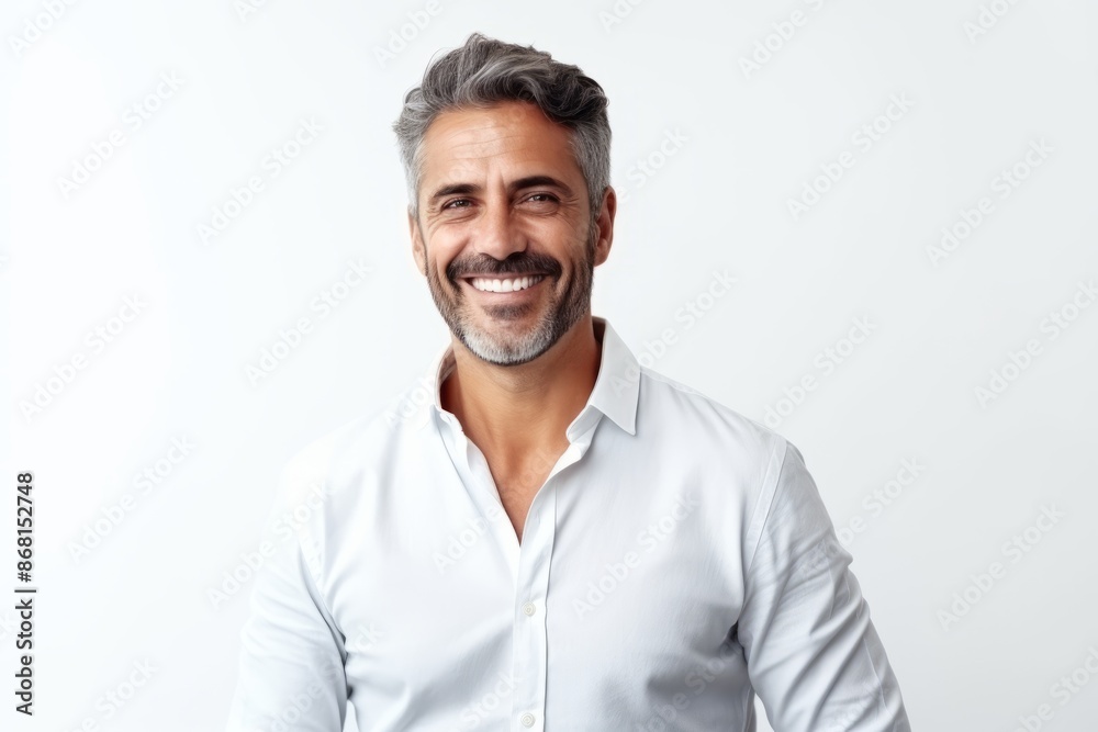 Portrait of handsome mature man smiling and looking at camera while standing against white background Portrait of handsome mature man smiling and looking at camera while standing against white background
