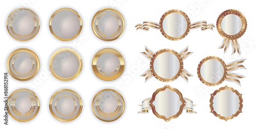 Empty luxury golden labels retro vintage collection, Celos premium, Seal quality labels gold badges. Sale and discount golden 3d medals with red ribbons, premium stamps and genuine guarantee round