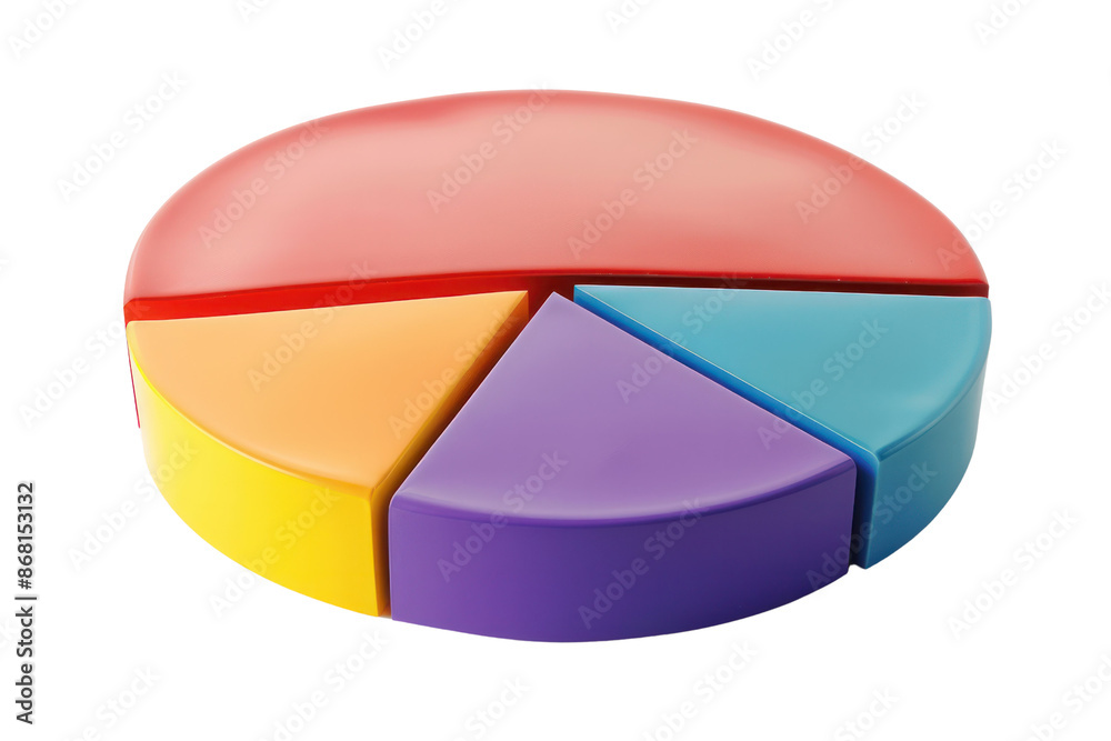 Obraz premium Colorful 3D pie chart with five segmented sections, visually representing data distribution for business, finance, or statistical analysis.