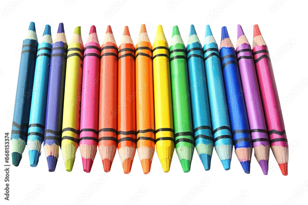 A row of colorful crayons arranged in a rainbow spectrum, perfect for art projects, education, and creative activities. A row of colorful crayons arranged in a rainbow spectrum, perfect for art projects, education, and creative activities.