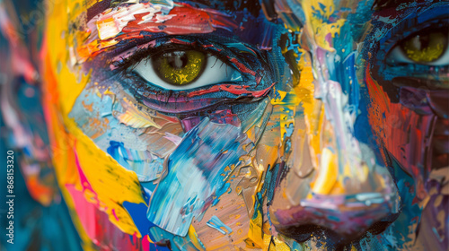 A colorful painting of a girl's face. The artist used oil paints and a palette knife to create an abstract and textured effect on the canvas.