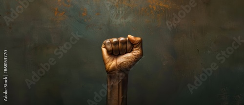 Powerful image of a raised clenched fist symbolizing strength, unity, and resistance against a textured dark background. photo