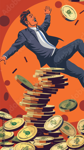 Businessman investor falling from unstable stack of money coins, financial instability and economic recession concept