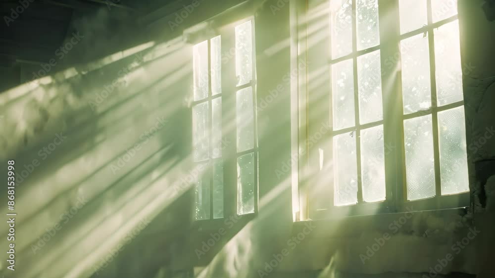 Dust motes suspended in sunbeams entering a window of an antique structure, Dust motes suspended in beams of light filtering through high windows
