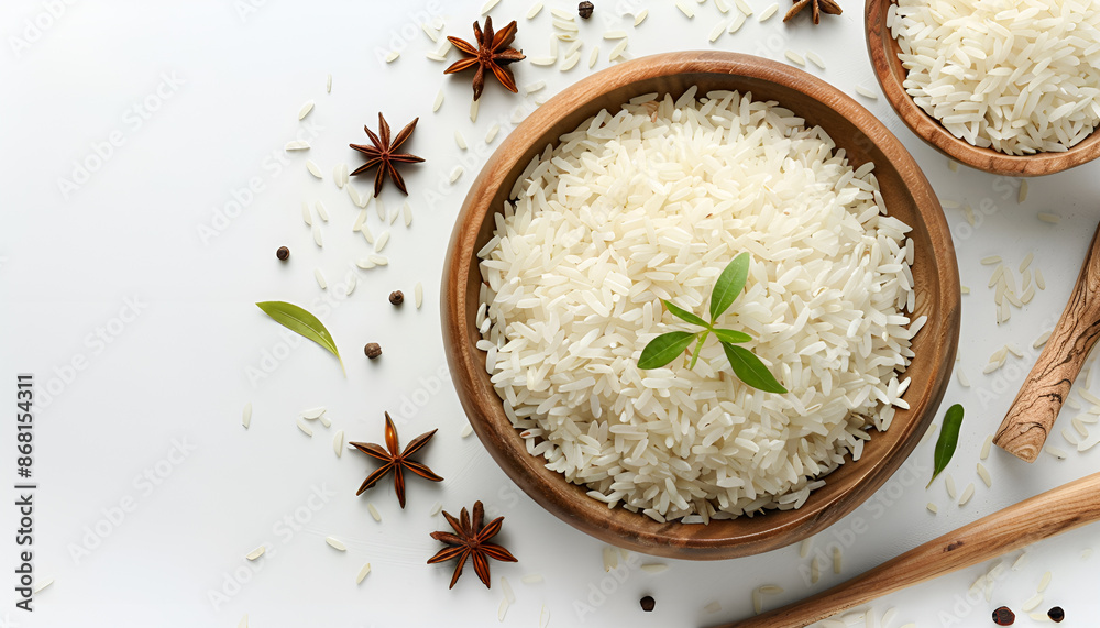 rice in a wooden bowl isolated on white background. Top view. Flat lay rice in a wooden bowl isolated on white background. Top view. Flat lay