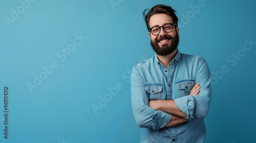 Young handsome man with beard wearing casual sweater and glasses over blue background happy face smiling with crossed arms looking at the camera. Positive person. photo