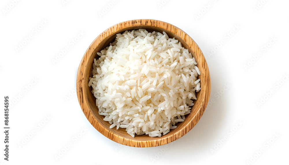 rice in a wooden bowl isolated on white background. Top view. Flat lay rice in a wooden bowl isolated on white background. Top view. Flat lay