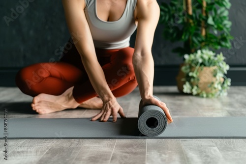 Preparation for Exercise: Unrolling the Yoga Mat In a moment of tranquility, a woman unfurls her yoga mat, setting the stage for a rejuvenating yoga class that promises inner peace and wellness.