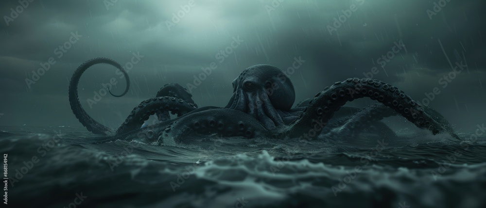Sinister giant octopus emerges from dark stormy ocean, tentacles spread ...