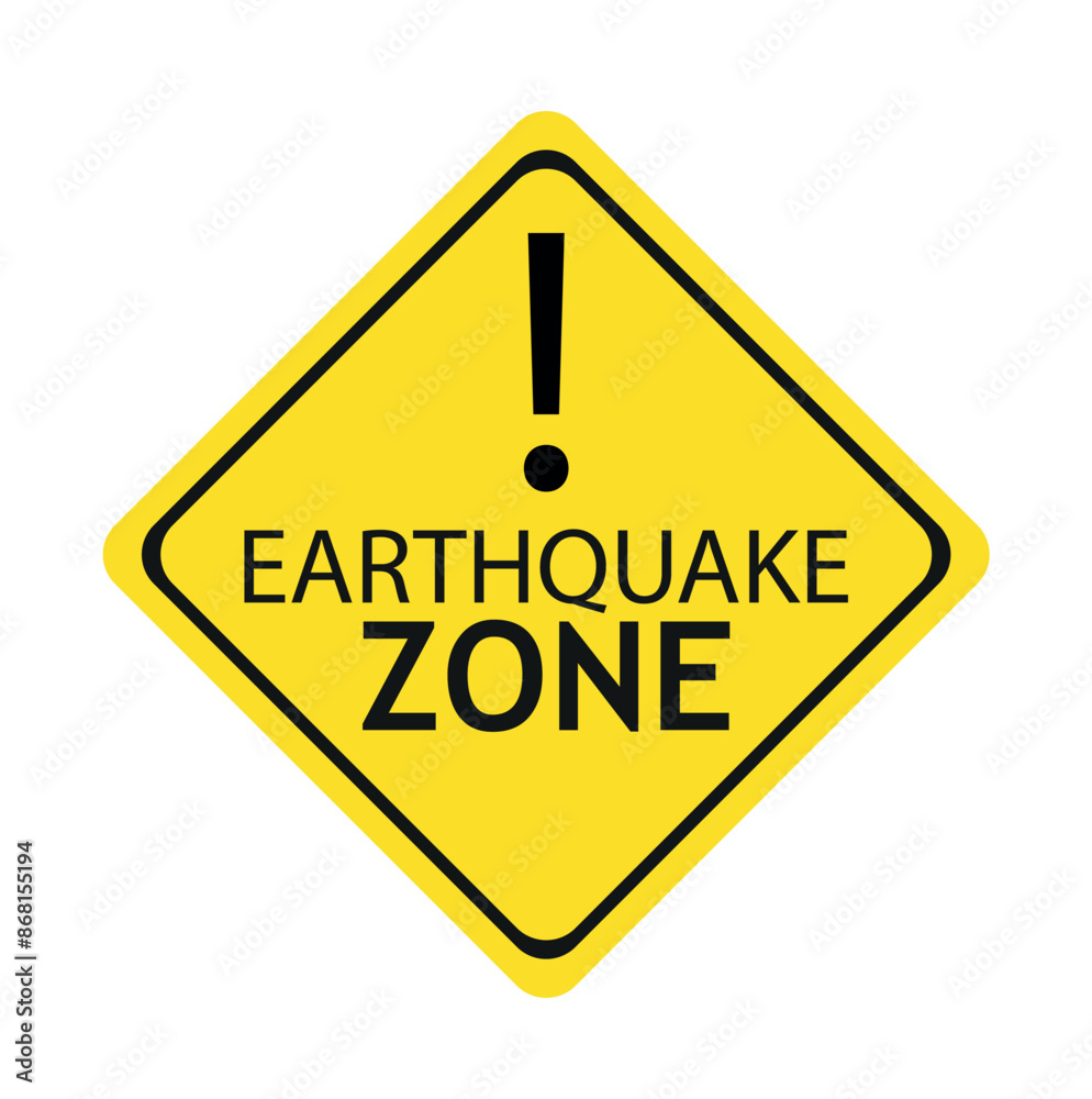 Caution Earthquake Zone Sign on Cracked Rock Background Caution Earthquake Zone Sign on Cracked Rock Background