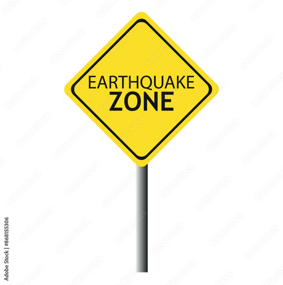 Caution Earthquake Zone Sign on Cracked Rock Background Caution Earthquake Zone Sign on Cracked Rock Background