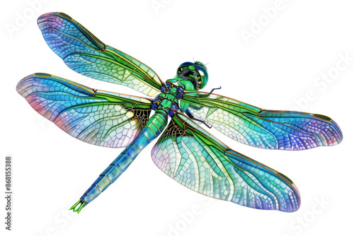 Colorful dragonfly illustration with intricate details and vibrant, iridescent wings in shades of green, blue, and purple, isolated on white background.