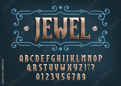 Jewel alphabet font. 3d golden letters and numbers with diamond inlays. Stock vector typeface for your design.