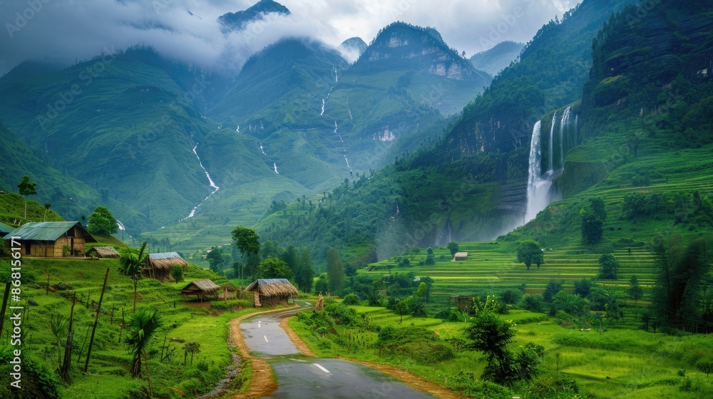 Fototapeta premium A tranquil view of vibrant green mountains, a majestic waterfall, and a picturesque road leading to rustic huts and idyllic camping points.