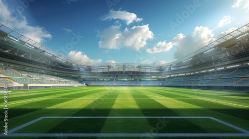 Football Stadium on Green Field and Blue Sky
