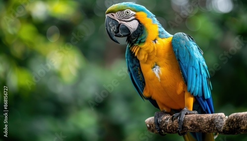 Vibrant blue and yellow parrot perched on a branch in a lush green jungle setting, captured in vivid detail.