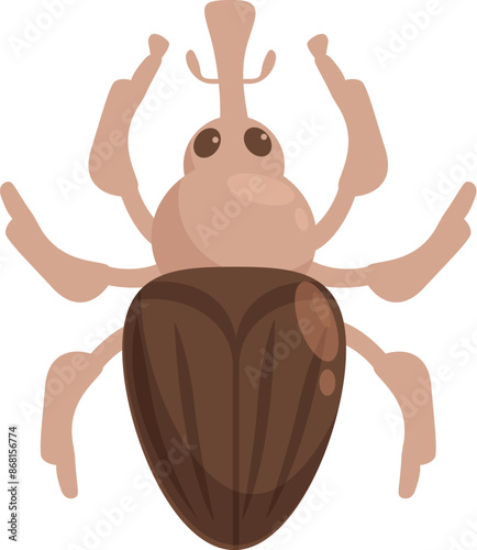 Cartoon brown beetle spreading its legs, funny insect character with big eyes
