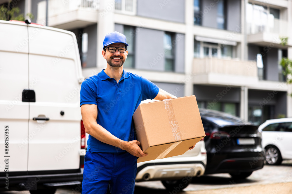 Smiling Delivery Man Moving Boxes by Van, Showing Expertise in Logistics Smiling Delivery Man Moving Boxes by Van, Showing Expertise in Logistics