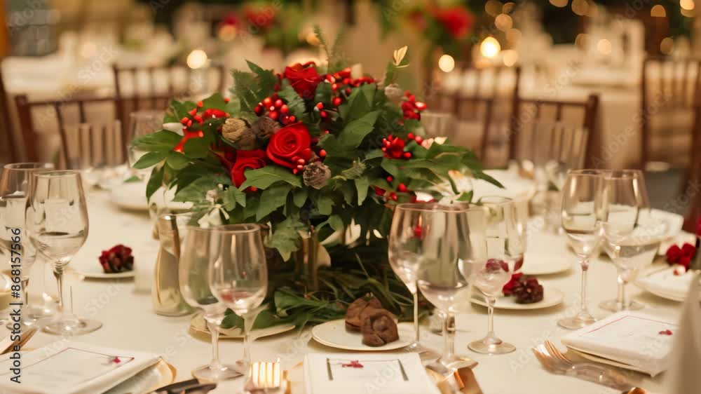 Elegant table setting for Christmas with greenery and pine cones as decorations, Elegant table settings with holiday themed centerpieces Elegant table setting for Christmas with greenery and pine cones as decorations, Elegant table settings with holiday themed centerpieces