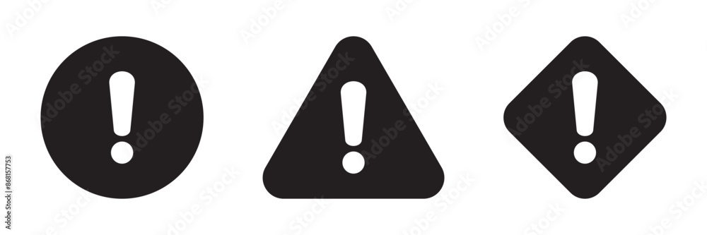 Alert icon. Warning sign and symbol. Exclamation mark in triangle, circle and rombus. Alert icon. Warning sign and symbol. Exclamation mark in triangle, circle and rombus.